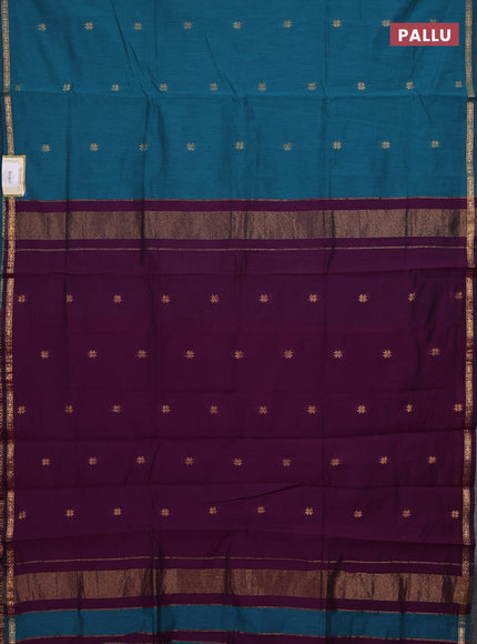 Semi maheswari cotton saree teal green and purple with zari woven buttas and small zari woven border