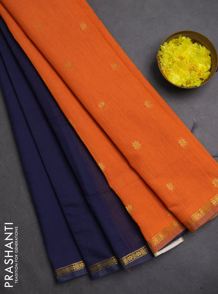 Semi maheswari cotton saree navy blue and orange with zari woven buttas and small zari woven border