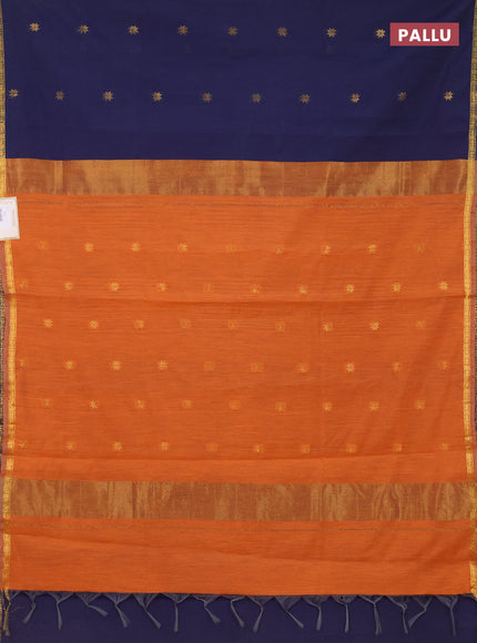 Semi maheswari cotton saree navy blue and orange with zari woven buttas and small zari woven border