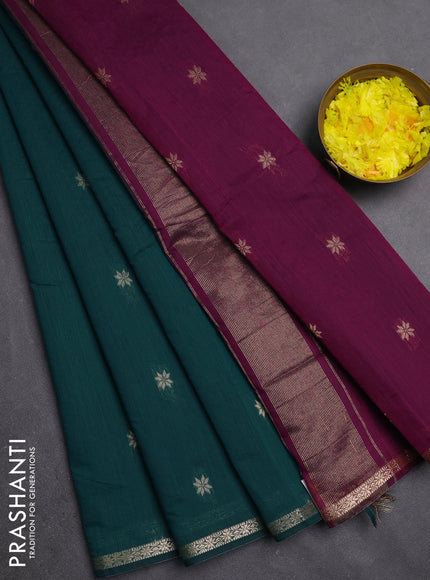 Semi maheswari cotton saree teal green and purple with zari woven buttas and small zari woven border