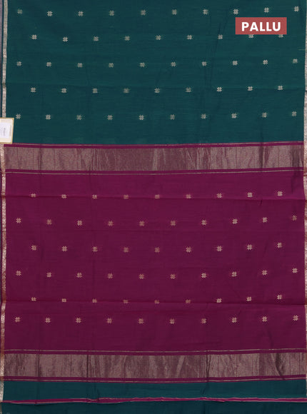 Semi maheswari cotton saree teal green and purple with zari woven buttas and small zari woven border