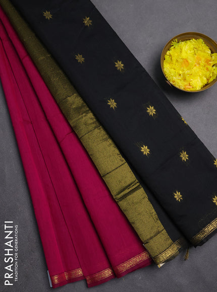 Semi maheswari cotton saree dark magenta pink and black with zari woven buttas and small zari woven border