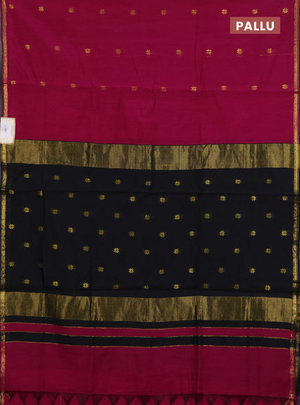 Semi maheswari cotton saree dark magenta pink and black with zari woven buttas and small zari woven border