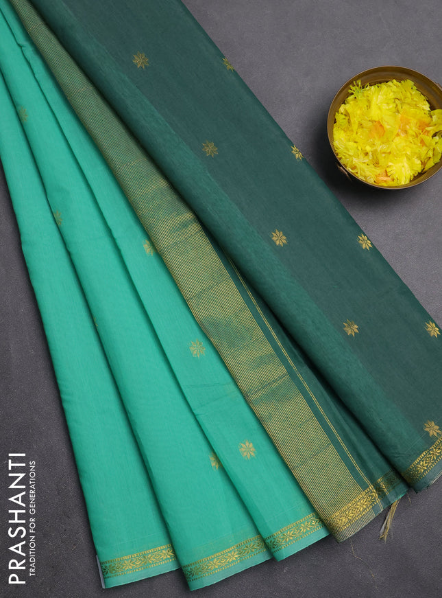 Semi maheswari cotton saree teal green and green with zari woven buttas and small zari woven border
