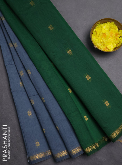 Semi maheswari cotton saree grey and green with zari woven buttas and small zari woven border