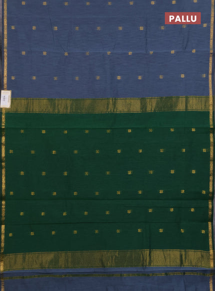 Semi maheswari cotton saree grey and green with zari woven buttas and small zari woven border