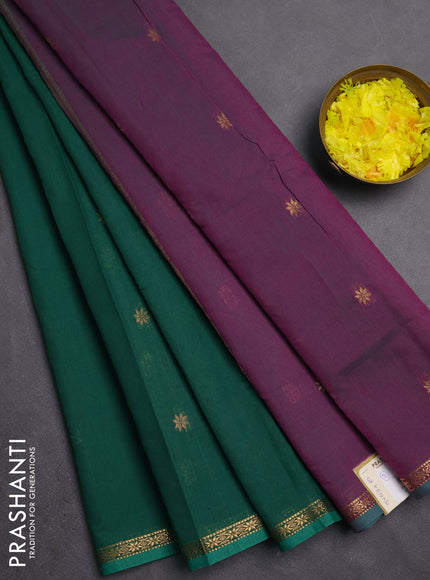 Semi maheswari cotton saree green and purple with zari woven buttas and small zari woven border