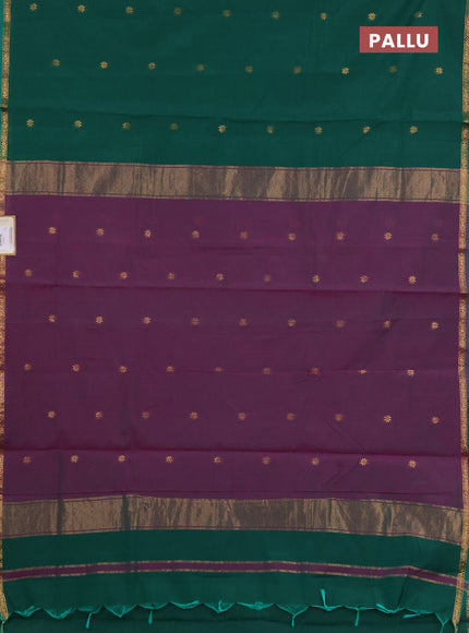 Semi maheswari cotton saree green and purple with zari woven buttas and small zari woven border