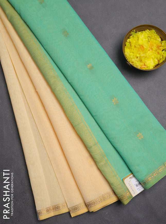 Semi maheswari cotton saree pale yellow and teal green with zari woven buttas and small zari woven border