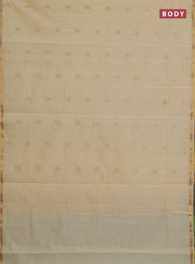 Semi maheswari cotton saree pale yellow and teal green with zari woven buttas and small zari woven border