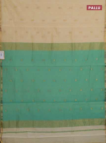 Semi maheswari cotton saree pale yellow and teal green with zari woven buttas and small zari woven border
