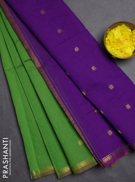 Semi maheswari cotton saree light green and purple with zari woven buttas and small zari woven border