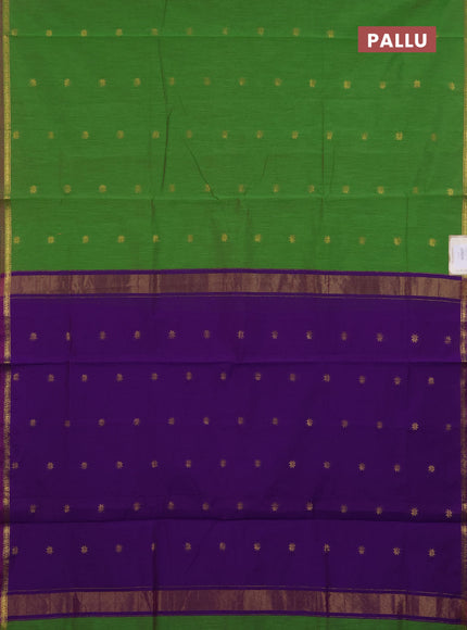 Semi maheswari cotton saree light green and purple with zari woven buttas and small zari woven border