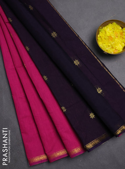 Semi maheswari cotton saree pink and violet with zari woven buttas and small zari woven border