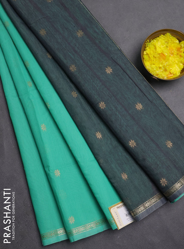 Semi maheswari cotton saree teal green and grey with zari woven buttas and small zari woven border