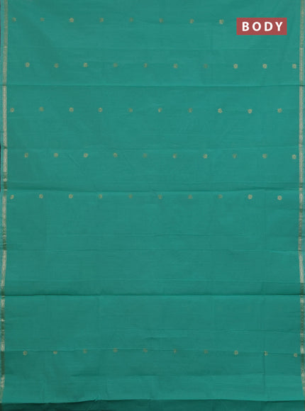 Semi maheswari cotton saree teal green and grey with zari woven buttas and small zari woven border
