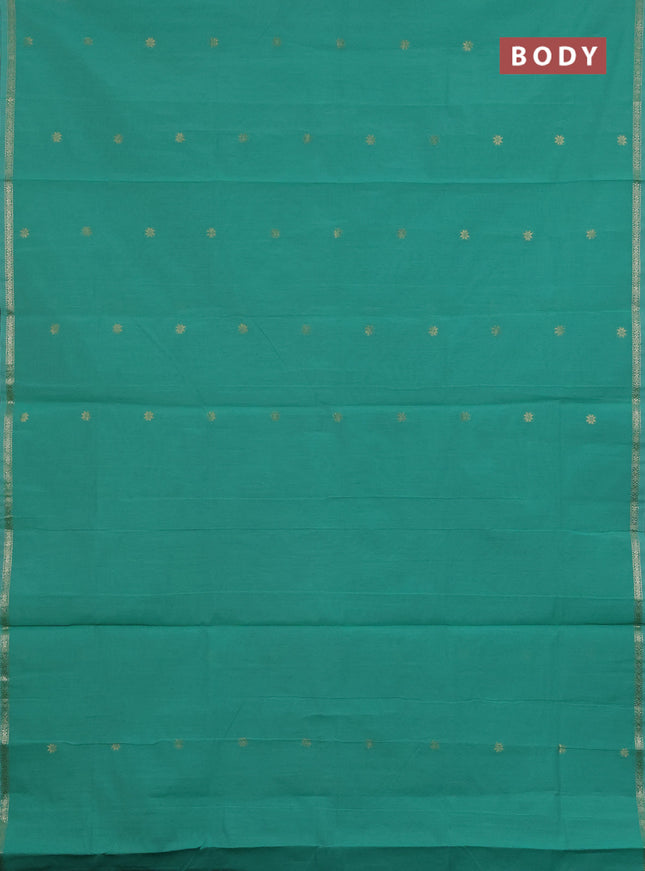 Semi maheswari cotton saree teal green and grey with zari woven buttas and small zari woven border