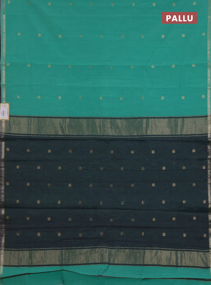 Semi maheswari cotton saree teal green and grey with zari woven buttas and small zari woven border