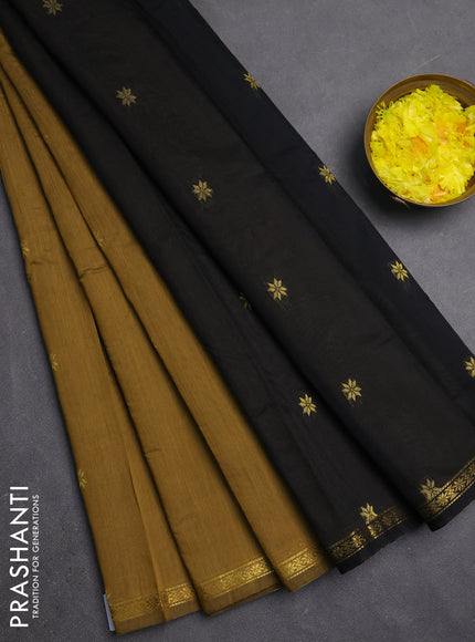 Semi maheswari cotton saree mehendi green and black with zari woven buttas and small zari woven border