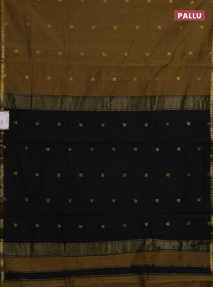 Semi maheswari cotton saree mehendi green and black with zari woven buttas and small zari woven border