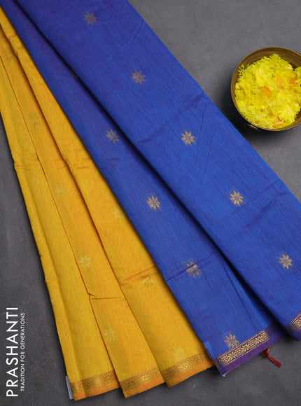 Semi maheswari cotton saree yellow and blue with zari woven buttas and small zari woven border