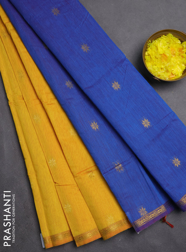Semi maheswari cotton saree yellow and blue with zari woven buttas and small zari woven border