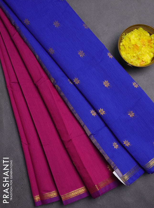 Semi maheswari cotton saree pink and blue with zari woven buttas and small zari woven border