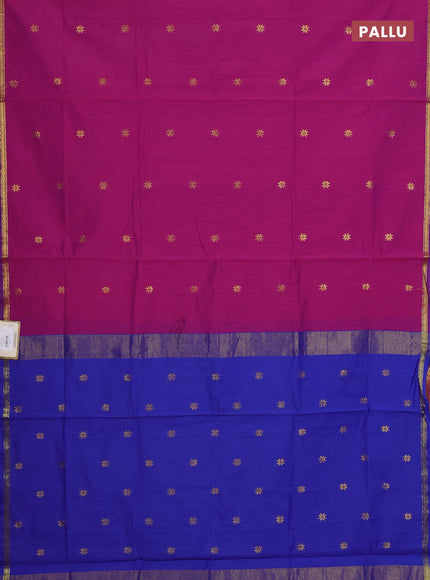 Semi maheswari cotton saree pink and blue with zari woven buttas and small zari woven border