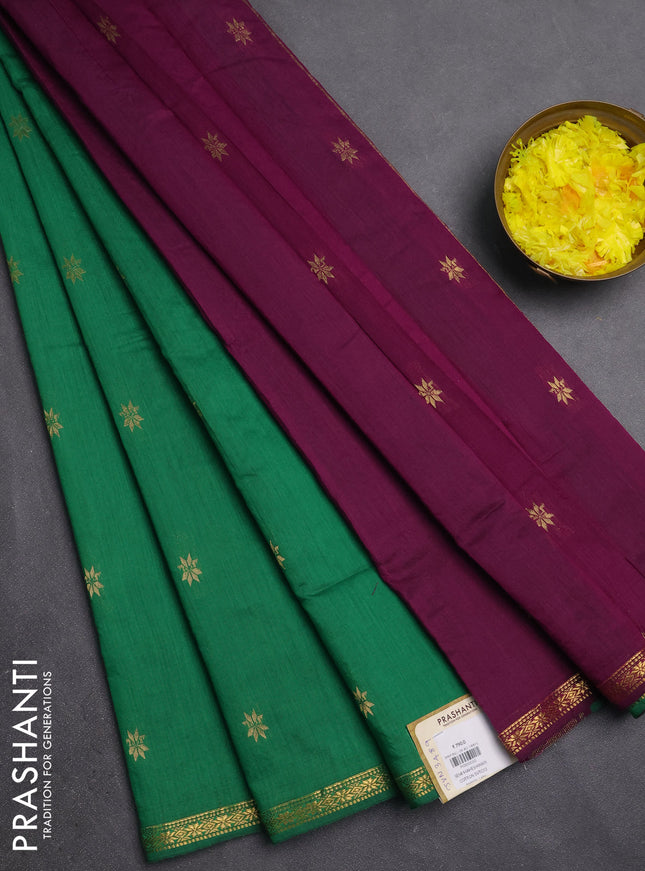 Semi maheswari cotton saree green and purple with zari woven buttas and small zari woven border