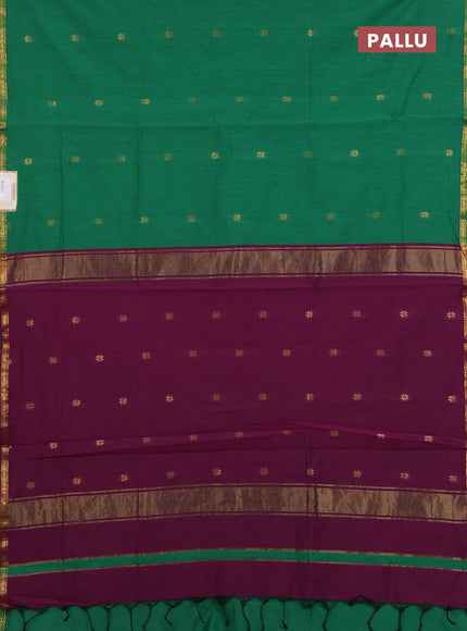 Semi maheswari cotton saree green and purple with zari woven buttas and small zari woven border