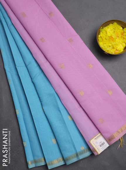 Semi maheswari cotton saree teal blue and light pink with zari woven buttas and small zari woven border