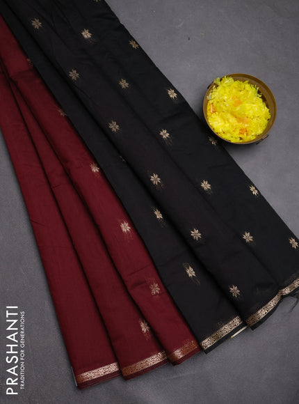 Semi maheswari cotton saree dark maroon and black with zari woven buttas and small zari woven border