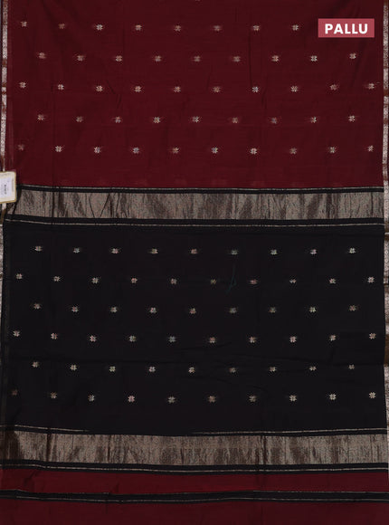 Semi maheswari cotton saree dark maroon and black with zari woven buttas and small zari woven border