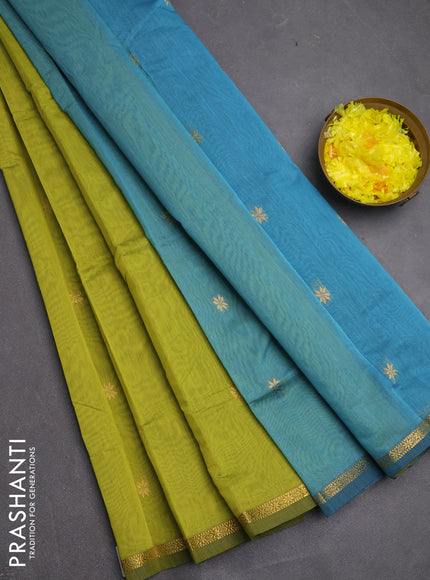 Semi maheswari cotton saree lime green and teal blue with zari woven buttas and small zari woven border
