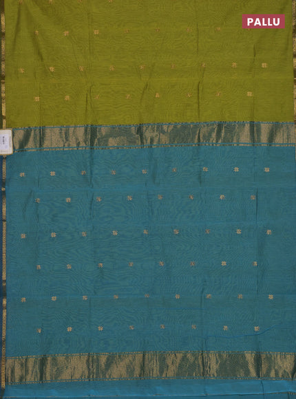 Semi maheswari cotton saree lime green and teal blue with zari woven buttas and small zari woven border