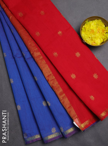 Semi maheswari cotton saree blue and red with zari woven buttas and small zari woven border