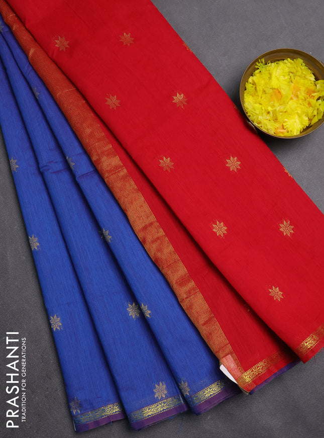Semi maheswari cotton saree blue and red with zari woven buttas and small zari woven border