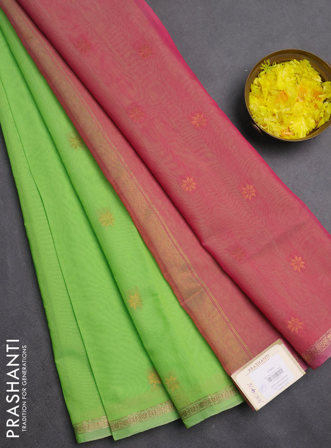 Semi maheswari cotton saree light green and pink shade with zari woven buttas and small zari woven border