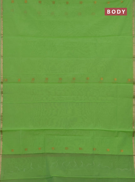 Semi maheswari cotton saree light green and pink shade with zari woven buttas and small zari woven border
