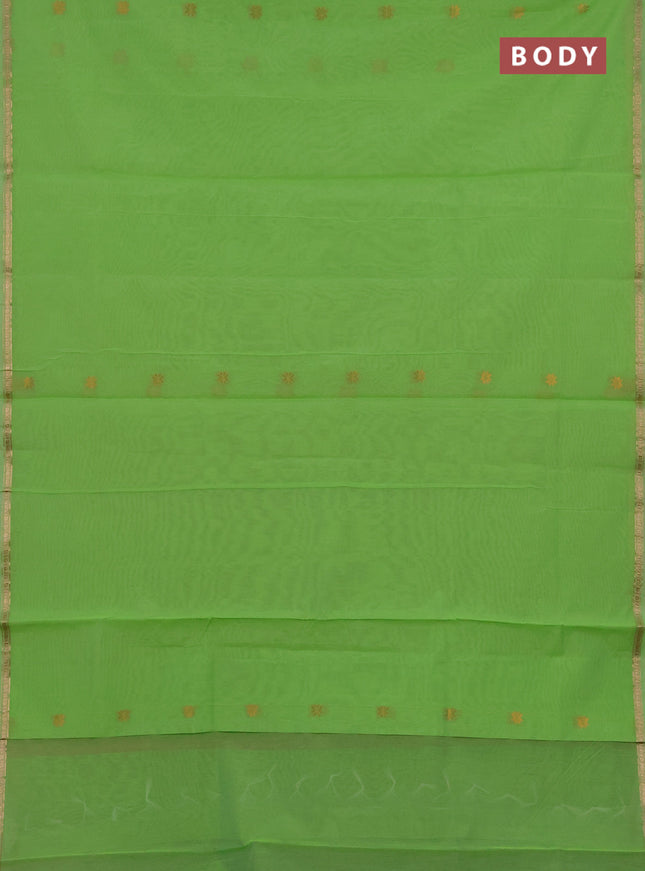 Semi maheswari cotton saree light green and pink shade with zari woven buttas and small zari woven border