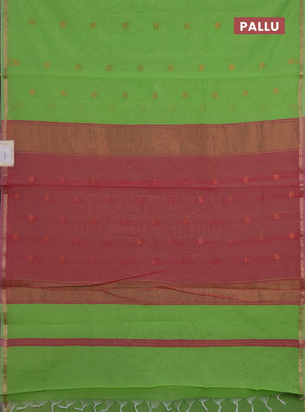 Semi maheswari cotton saree light green and pink shade with zari woven buttas and small zari woven border