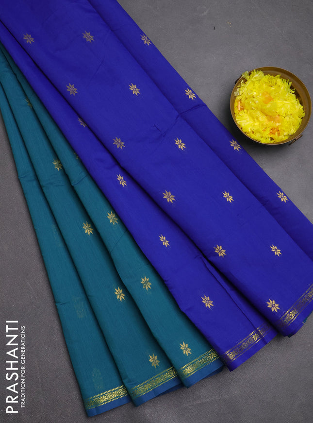 Semi maheswari cotton saree peacock green and blue with zari woven buttas and small zari woven border