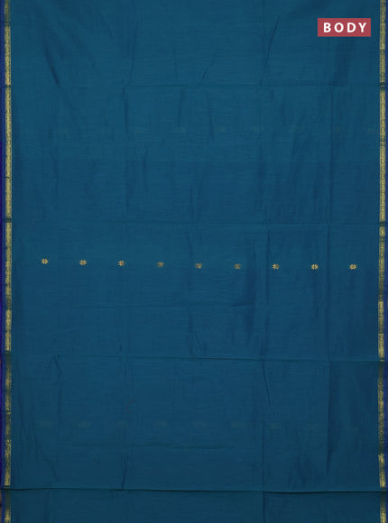 Semi maheswari cotton saree peacock green and blue with zari woven buttas and small zari woven border