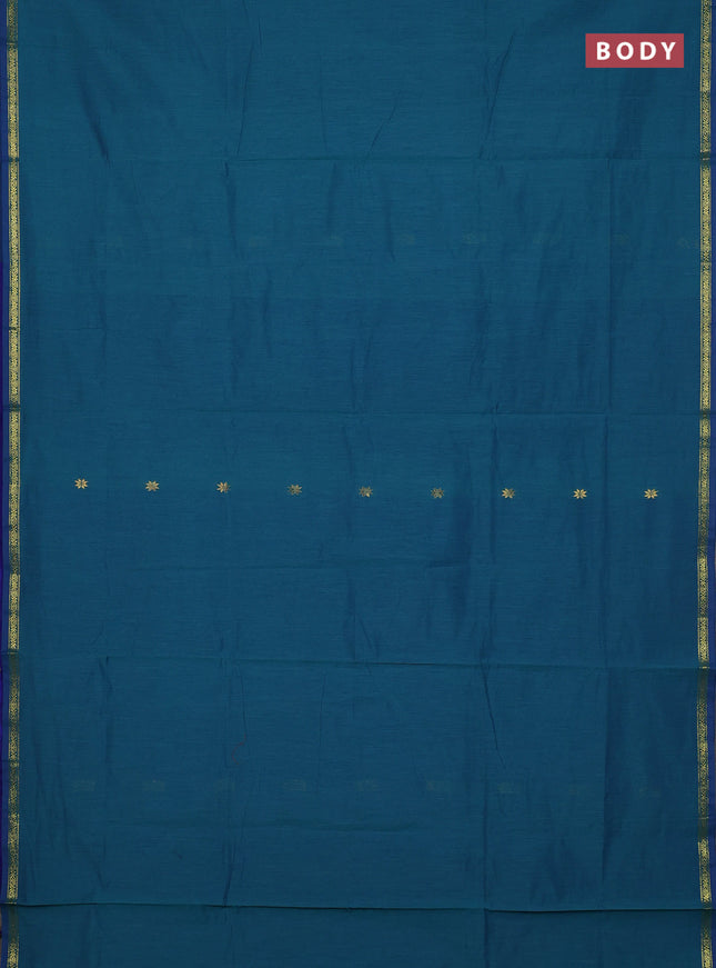 Semi maheswari cotton saree peacock green and blue with zari woven buttas and small zari woven border