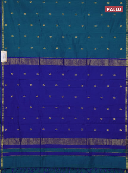 Semi maheswari cotton saree peacock green and blue with zari woven buttas and small zari woven border