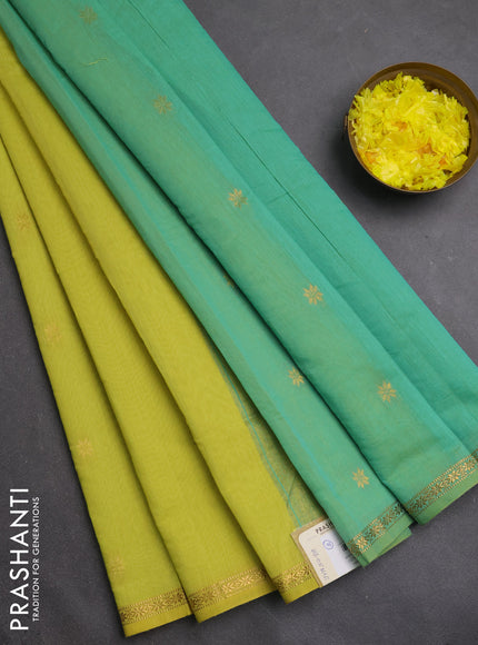 Semi maheswari cotton saree lime yellow and teal green with zari woven buttas and small zari woven border