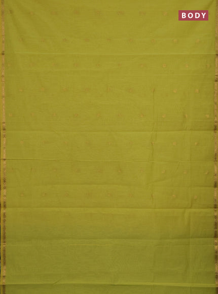 Semi maheswari cotton saree lime yellow and teal green with zari woven buttas and small zari woven border