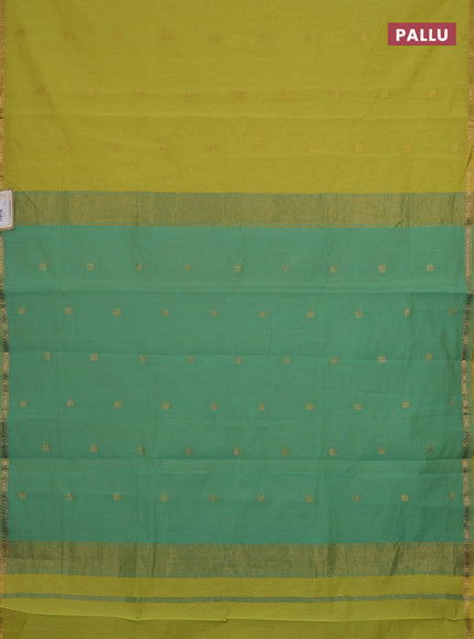 Semi maheswari cotton saree lime yellow and teal green with zari woven buttas and small zari woven border