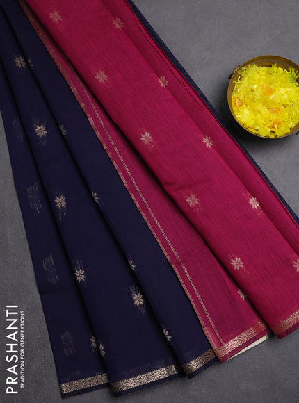 Semi maheswari cotton saree navy blue and magenta pink with zari woven buttas and small zari woven border