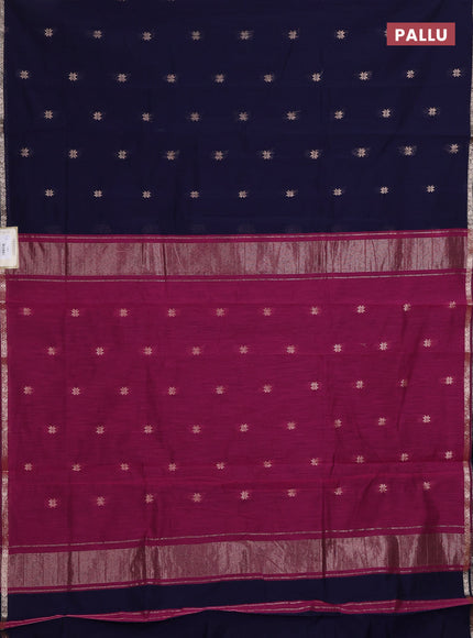 Semi maheswari cotton saree navy blue and magenta pink with zari woven buttas and small zari woven border
